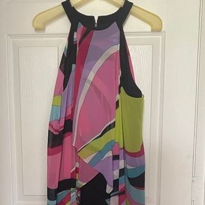 Fun, multicolored, overlay over black Tahari jumpsuit.